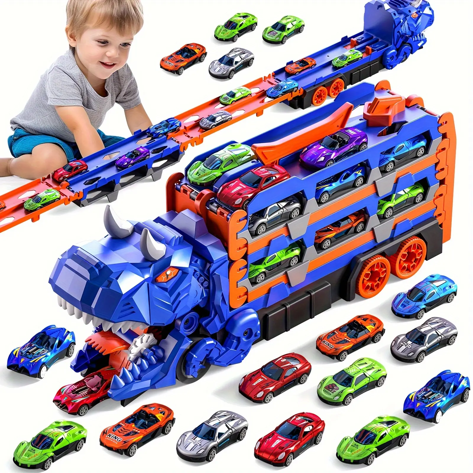 Toddler Toys Dinosaur Track Car Set for 3 4 5 6 7 8 Years Old Kids Boys, Dinosaur Transporter Car Race Track with 12 Die-Cast Car Toys, Kids Birthday Gifts for Age 6-12 Years Old Boys Girls