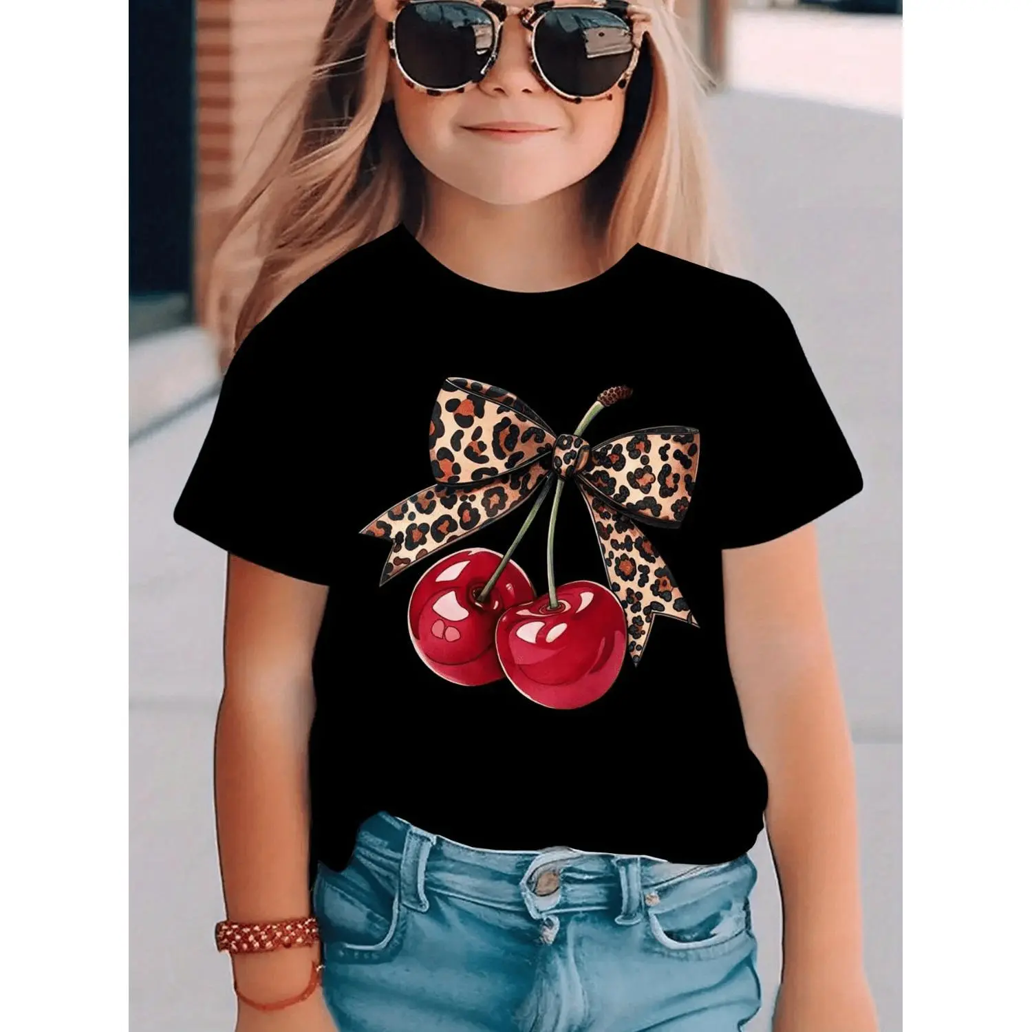 Girls' Graphic Cotton T-Shirt with Bow Detail, Short Sleeve Casual Top with Cherry Print for All Seasons, Cute