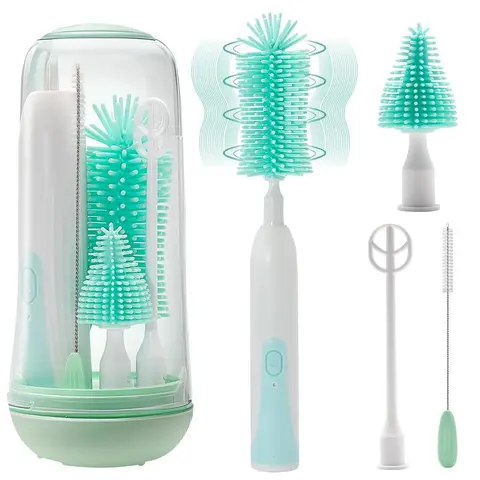 Baby Electric Bottle Cleaning Kit - Non-Toxic, Carcinogen-Free UV Disinfection Set with Nipple Brush, Drying Drainage Rack, 1200mAh for New Mom, 0-3 Months Newborn (6-Pack)