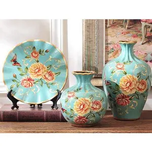 Rose Meadow 3-Piece Ceramic Vase Set – Elegant Ocean Blue Ceramic Vases with Hand-Painted Rose and Butterfly Design Decor Centerpiece