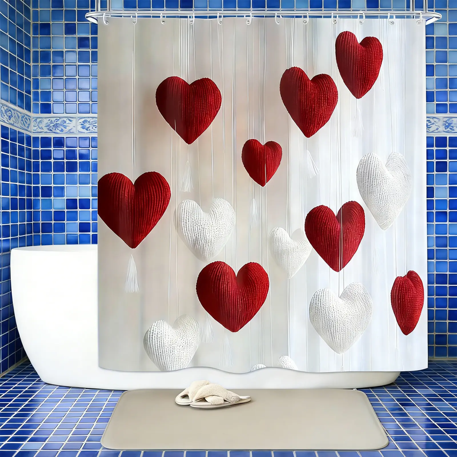 Heart Print Shower Curtain Set , Simple Red And White Heart Bathroom, Includes Hooks, Valentine's Day Mother's Day Gift, Home Bathroom Decoration Accessories