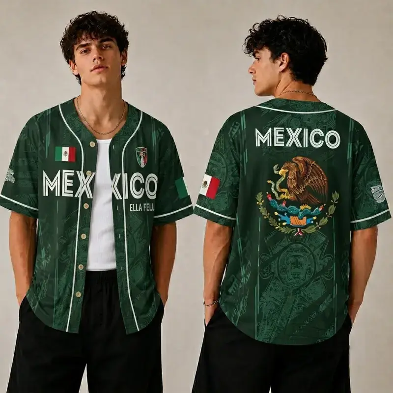 Mexico Aztec Pattern Baseball Jersey for Men Women, Mexican Eagle Flag Shirt, Vintage Mexico Fan Jersey, Cinco de Mayo Outfit