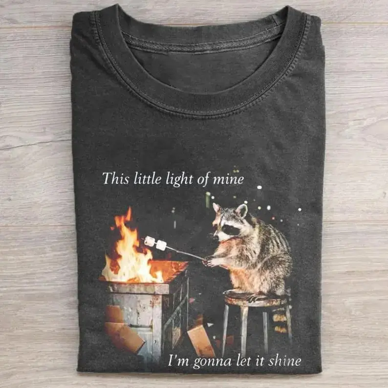 Raccoon Roasting Marshmallows Shirt, This Little Light Of Mine Meme Tee, Funny Trash Panda Graphic Top, Cute Animal Bonfire Shirt, Unisex