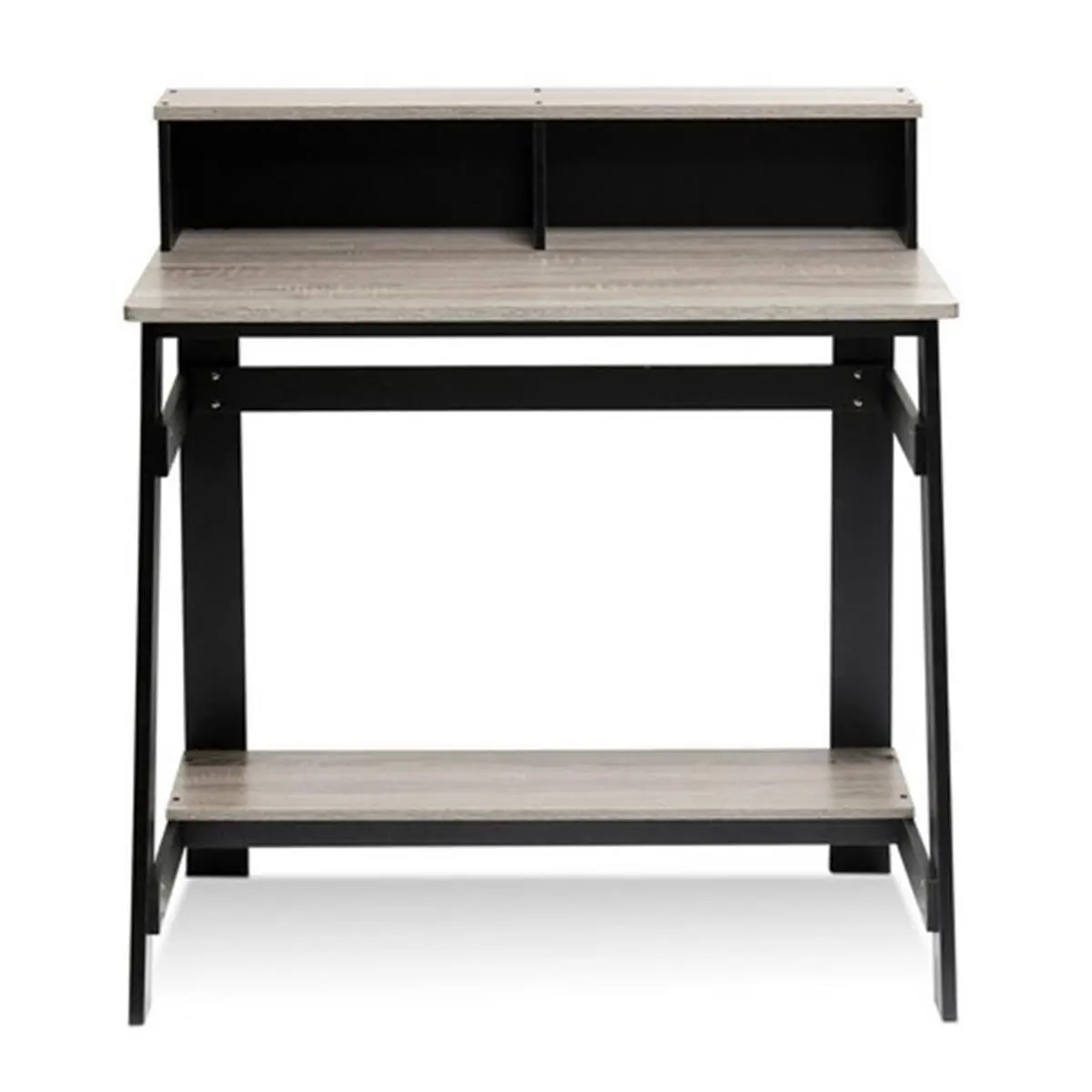 Furinno Simplistic A-Frame Sturdy Computer Desk - CARB-Compliant Composite Wood Office Workstation, Industrial Look, Built-In Hutch, Storage, Assembly Required, Black/French Oak Grey, 35.5x31.6x17.9 in, Wood Workstation