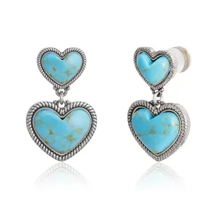 Wrangler 14K Gold Plated Western Turquoise Heart Dangle Earrings for Women Statement Gold Plated Affection Cowgirl Drops Jewelry