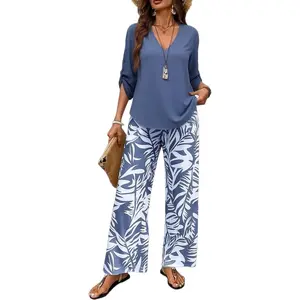 Capri Sets Women 2 Piece Outfits 3/4 Sleeve Top and Floral Print Wide Leg Pants Sets Travel Airport Vacation Outfits