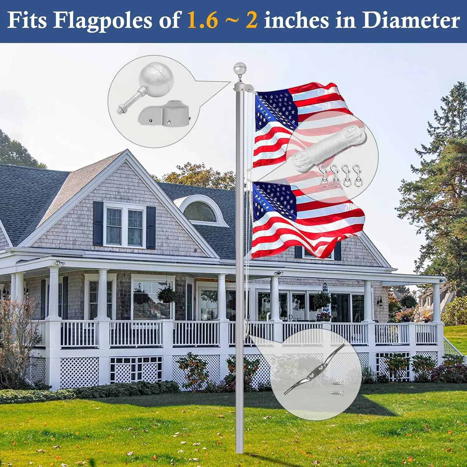 Flagpole Hardware Repair Parts Kit,50 Feet Halyard Rope+3" Silver Ball+6" Zinc Alloy Cleat+4 Metal Swivel Snap Clips+Aluminum Alloy Flagpole Truck with Nylon Pulley for 1.6"-2" Flag Poles