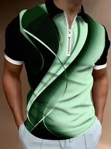 Men's Regular Fit Abstract Print Zipper Polo Shirt, Casual Comfy Collared Short Sleeve Top for Summer, Fashion Men's Clothes for Daily Wear, Golf Polo Shirts, Printed Polo Shirts