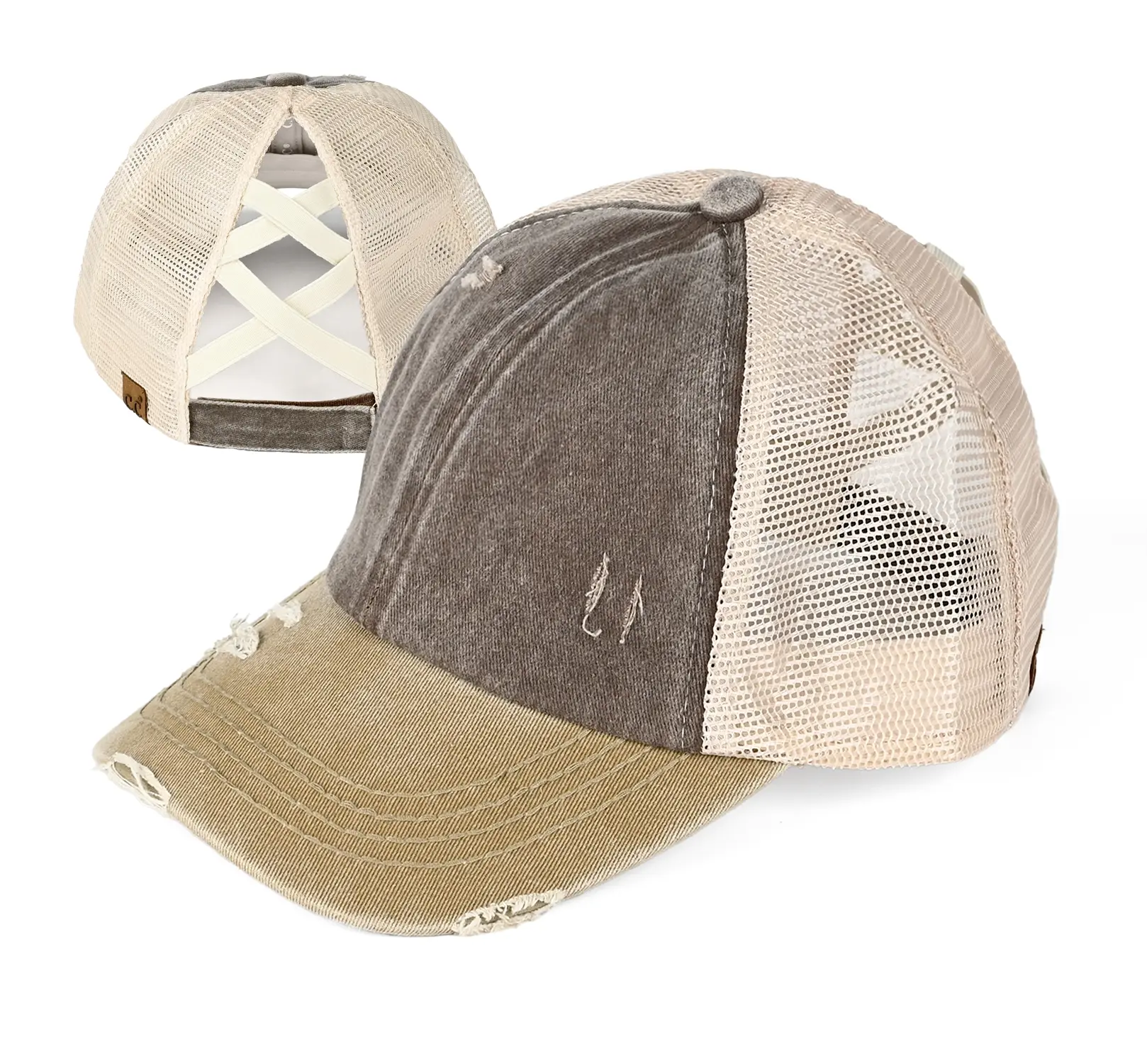 C.C Criss-Cross 3 Tone with Crossed Elastic Band Mesh Pony Cap for Women