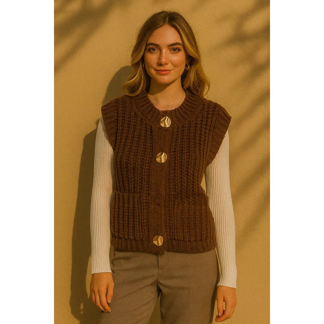 Chunky Knit Vest with Bold Gold Buttons and Front Pockets in Rich Chocolate Brown & Cream Color for Casual Layering