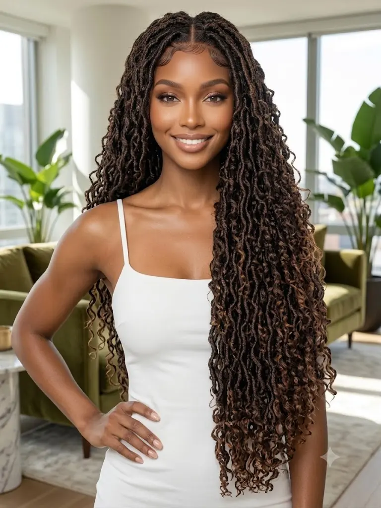Women's 30 Inch Full Double Lace Front Knotless Box Braids Synthetic Wig Heat Resistant, Loose Curly, Bohemian Butterfly Locs, Curly Goddess Hairstyle for Halloween, Costume Party - summerwins
