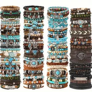 20Pcs Mixed Bohemian Style Teenager's Set Bracelet Faux Leather Woven Wooden Beads Multi-Style Bracelet Combination, Ideal Jewelry Gift for Daily Party Occasions, Perfect for Valentine'S Day And Mardi Gras Day, All Seasons Suitable, for Teenager