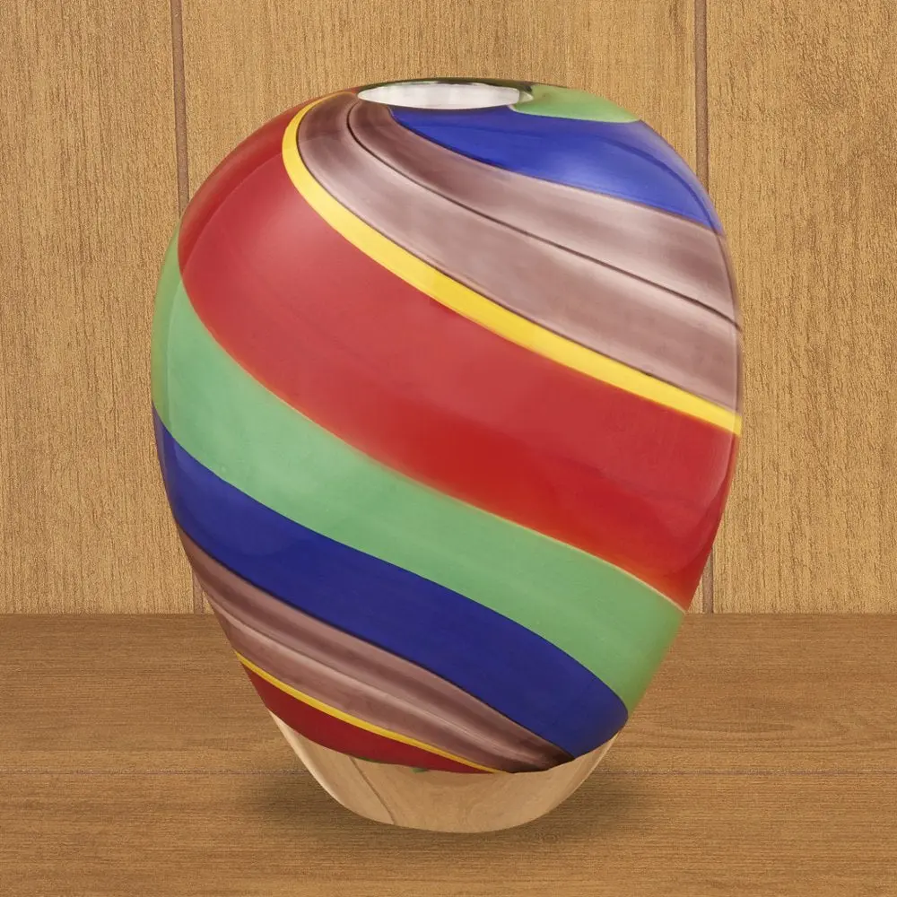 9" Red Blue and Green Striped Murano Style Art Glass Table Vase