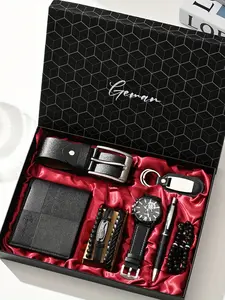 PU leather business men's watch set (wallet + belt + keychain + bracelet + watch + pen + rosary), simple quartz watch set 7pcs/set, exquisite watch gift box, suitable gift box for men