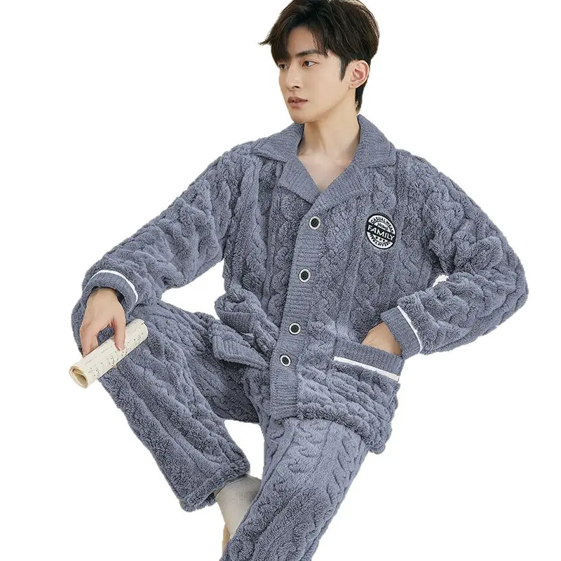 Men's Plus-Size Pyjama Set, Soft Thick Coral Fleece Long Sleeve Sleepwear, Relaxed Fit Winter Loungewear for Big and Tall, Pyjamas