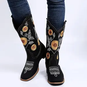 Cowgirl Western Boots for Women Mid Calf Sunflower Embroidery Stitched Square Toe Low Heel  US 6-10.5 Walking Shoes Leather Casual Footwear Comfort