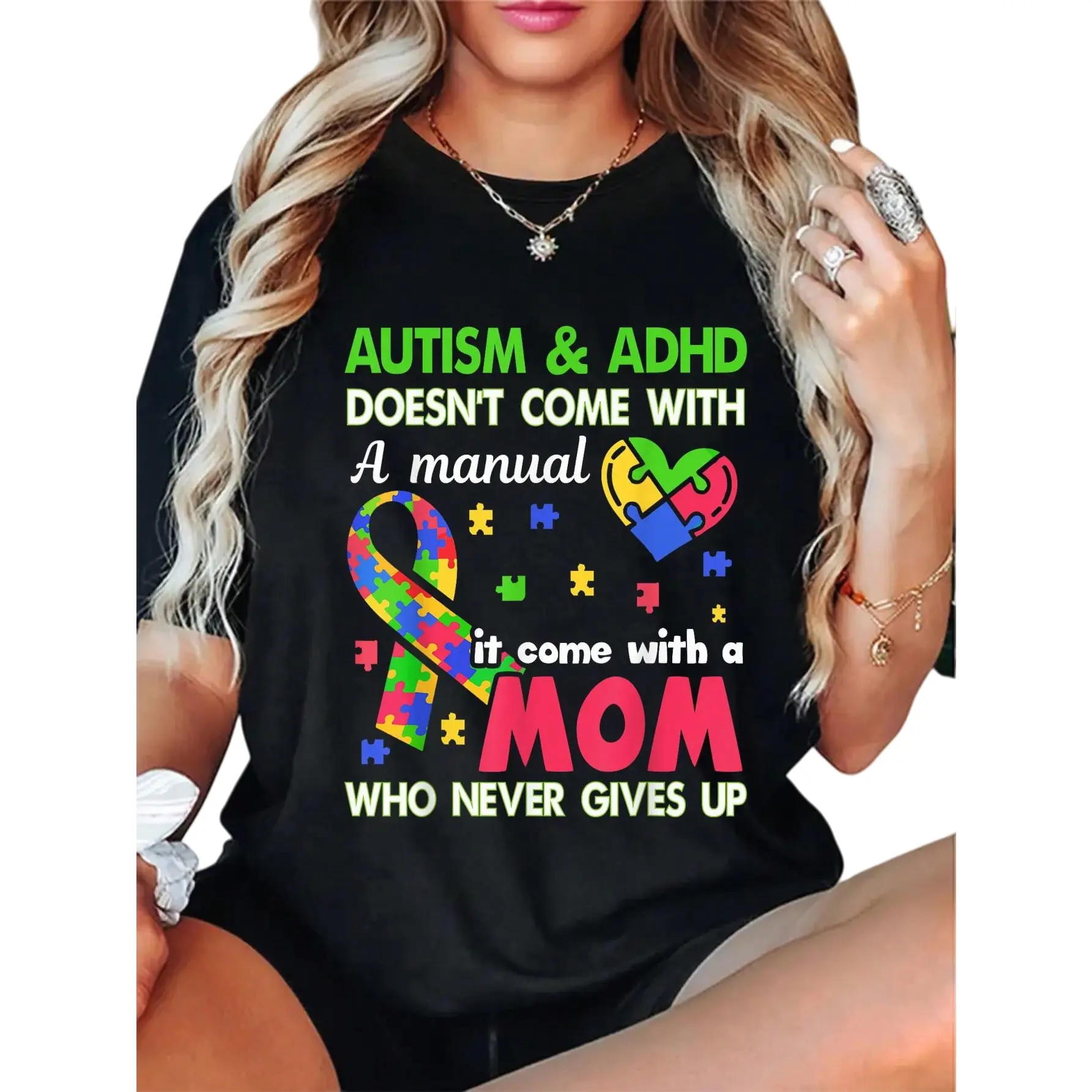 Men's 100% Cotton Short-Sleeve Funny T-Shirt - Comfortable Fabric, Relaxed Fit Top, "Autistic ADHD Doesn't Come With a Manual It Comes With a Mom" Graphic, Shortsleeve