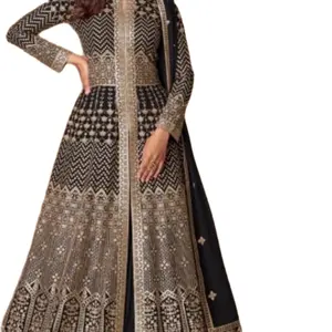 Bridal Long Heavy Embroidery Anarkali Gowns with Dupatta - Red & Orange Color Block Design
