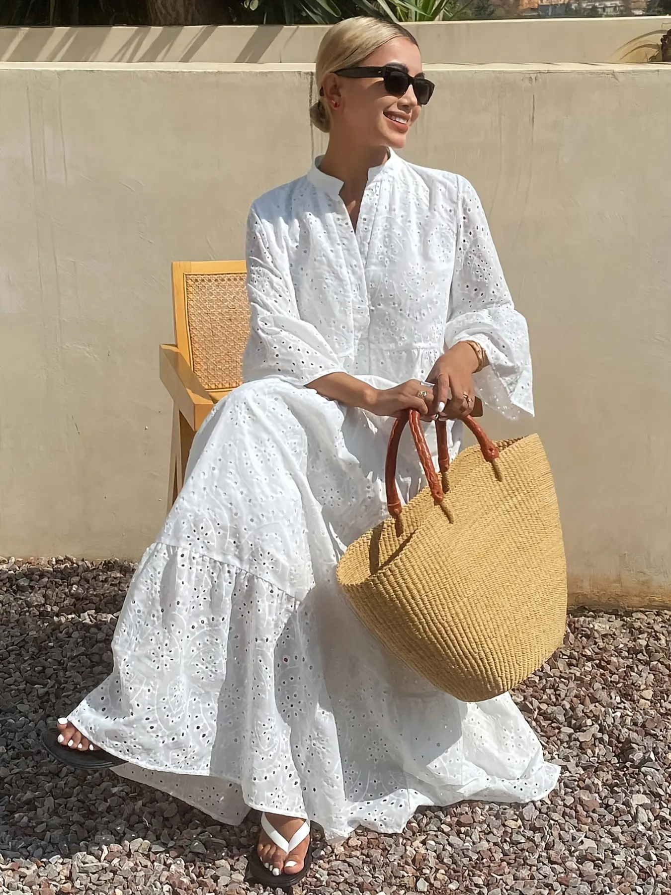 Women's White French Flared Sleeve Long Dress, Elegant Summer A-Line Dress, Lightweight & Breathable, Perfect for Office, Brunch & Casual Outings, Chic Parisian Style