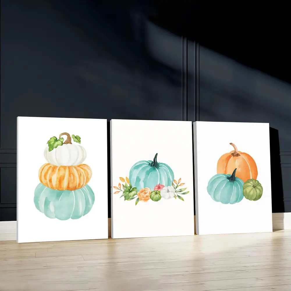 3pcs Festive Wall Art, Thanksgiving Poster, Colorful Pumpkins Art Prints, Harvest Fun Home Decor, Modern Wall Paintings, Cozy Canvas Posters Wall Arts, Decor for Living Room, Restaurant, Kitchen, Bedroom, Housewarming Gift, With Frame