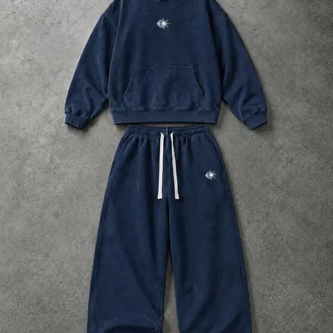 Men's 2-Piece Casual Stylish Tracksuit, Vintage Washed Cotton Blend Cropped Hoodie with Kangaroo Pocket + Baggy Wide-Leg Sweatpants, Minimal Printed Logo, Hip Hop Street Daily Outfit