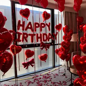 Red Birthday Decorations, Happy Birthday Banner and Bow Polyester Film Balloons, Realistic Rose Petals, Heart Shape Balloon Kit