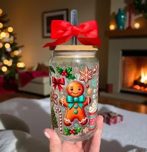 Christmas Gingerbread Glass, 16oz Glass Can, Christmas Tumbler, Holiday Glasses, Christmas Gift for Her