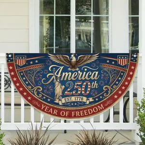 Waterproof Cloth Patriotic Fan Bunting Banners - 1776-2026 USA 250th Anniversary Independence Day Decoration, Red White Blue Hanging Photo Backdrop for Porch Balcony Fence, Party Supplies