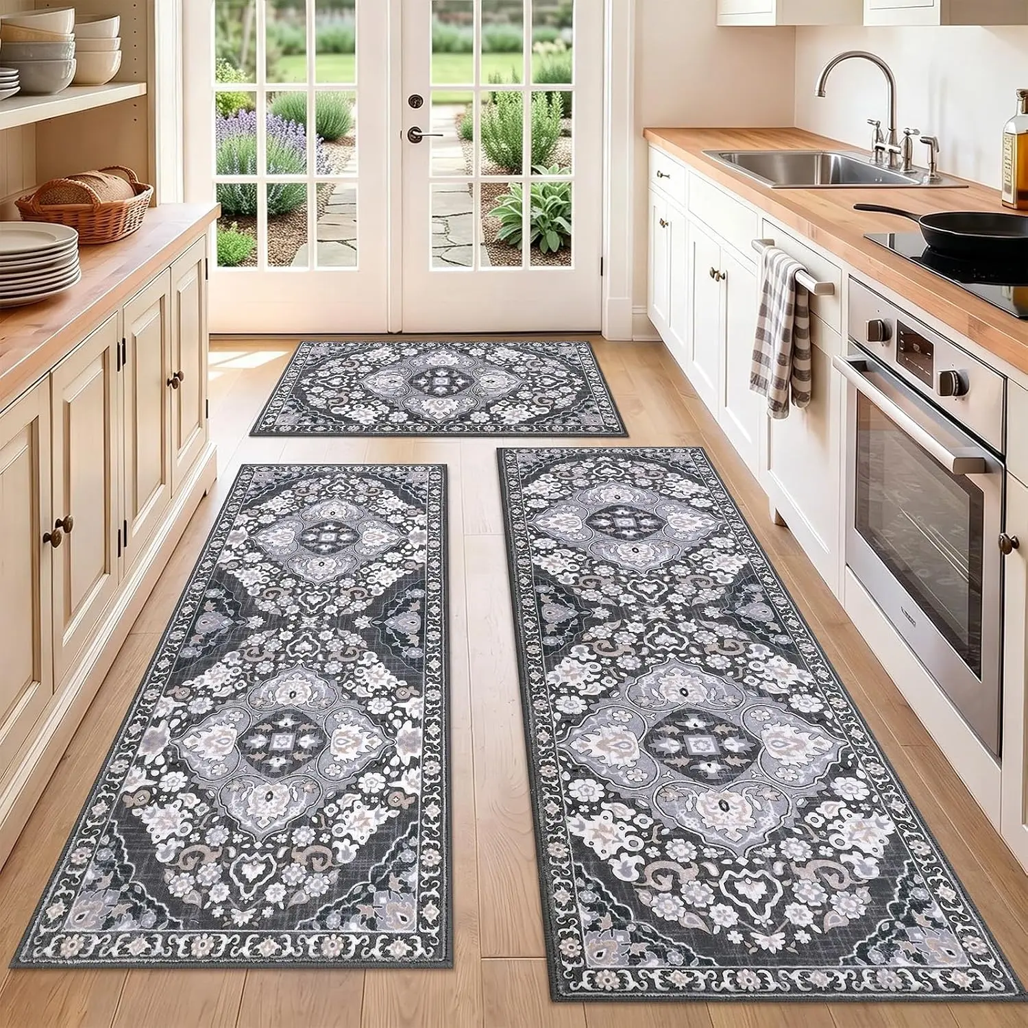 [SeptemberStockUp] HEBE 3-Piece Washable Polyester Farmhouse Boho Kitchen Rugs Set, Non-Slip Decorative Rug Mat, Wrinkle Resistant Runner for Kitchen, Hallways, Laundry (House Decor Essential)