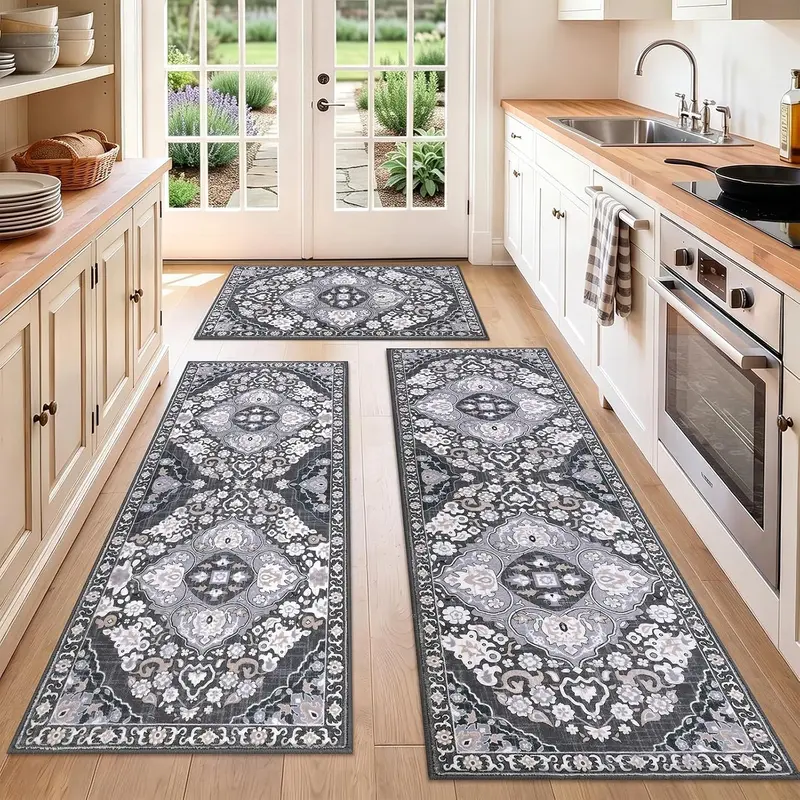 [FallDealsForYou] HEBE 3-Piece Washable 0.4" Thick Polyester Farmhouse Boho Runner+2 Mats Set, Non-Slip Decorative Rug Mat, Wrinkle-Resistant House Decor for Kitchen, Entryway Aesthetic Accent