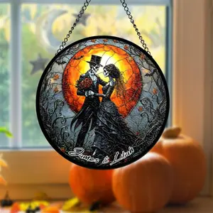 Custom Skeleton Bride & Groom Glass Suncatcher, Gothic Halloween Window Art, Personalized Names Glass Window Hanging, Halloween Wedding Gift