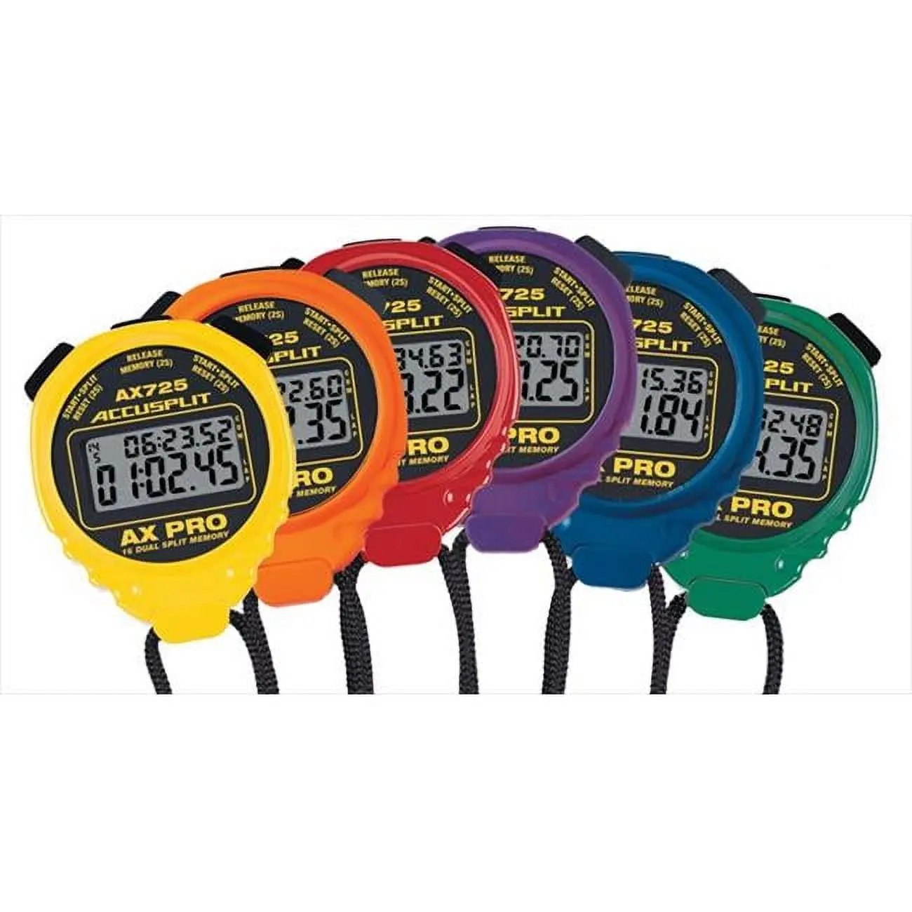 Accusplit AX Pro Memory Series Stopwatches - Rainbow, Polycarbonate, 1-Button Start, Time Out Function, 1.5 Years Battery Life (6 Pack)