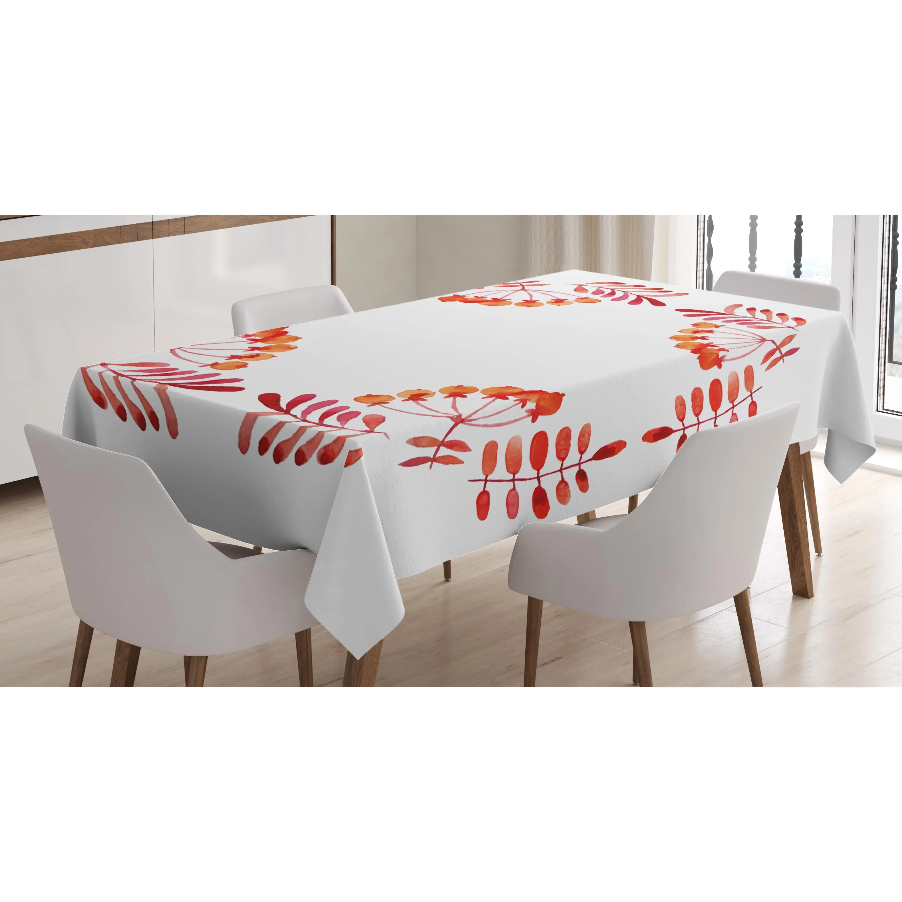 Rowan Tablecloth, Watercolor Style Leaves with Fruits Square Frame Design Autumn Colors, Rectangular Table Cover for Dining Room Kitchen Decor, 60" X 90", Red Orange White