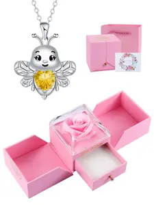 Bee CZ Birthstones Necklace With Rose Jewelry Gift Box, Bumble Bee Themed Christmas Halloween Mothers Day Gifts for Women Girls Wife