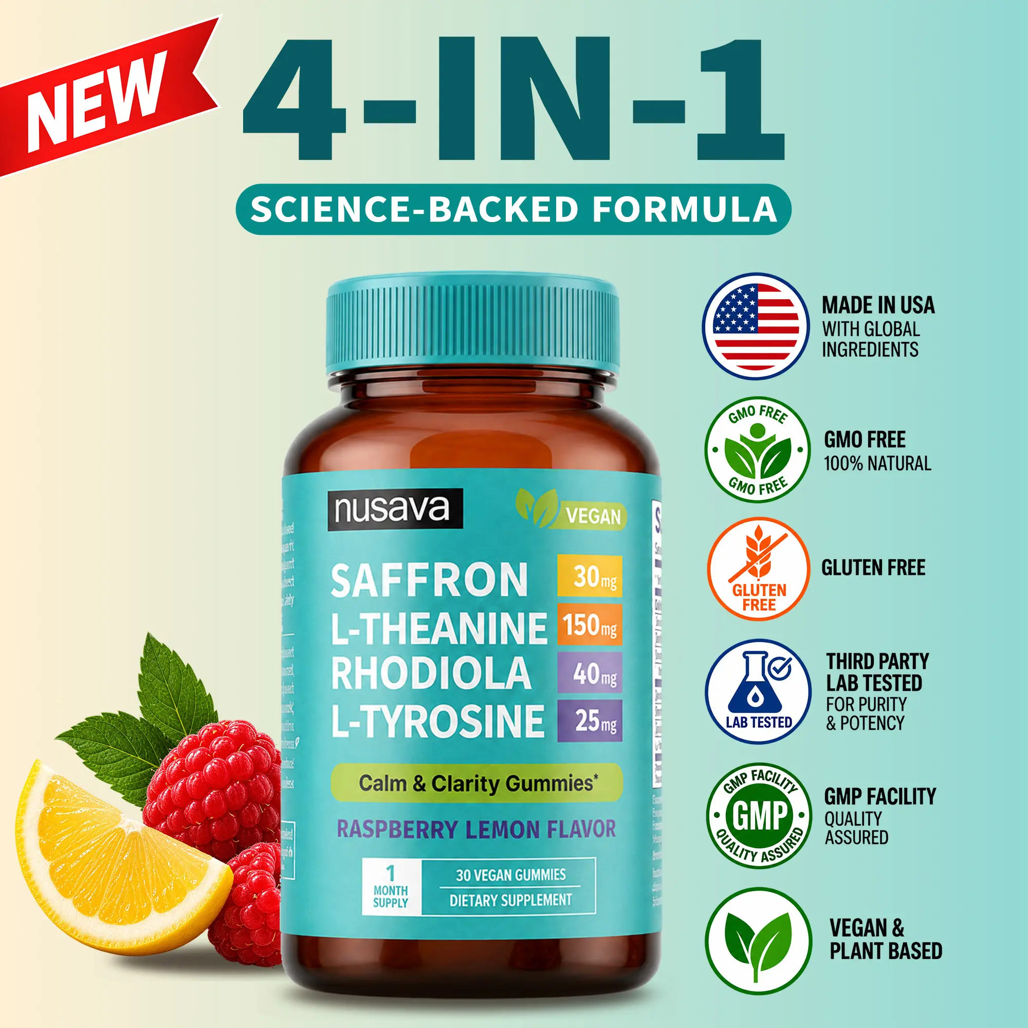 NUSAVA 4-in-1 Saffron Gummies | Calm Clarity & Daily Composure | 30mg Saffron Extract + L-Theanine + Rhodiola Rosea Extract + L-Tyrosine | Vegan Gummies | Caffeine-Free Cognitive Support | 30 Servings