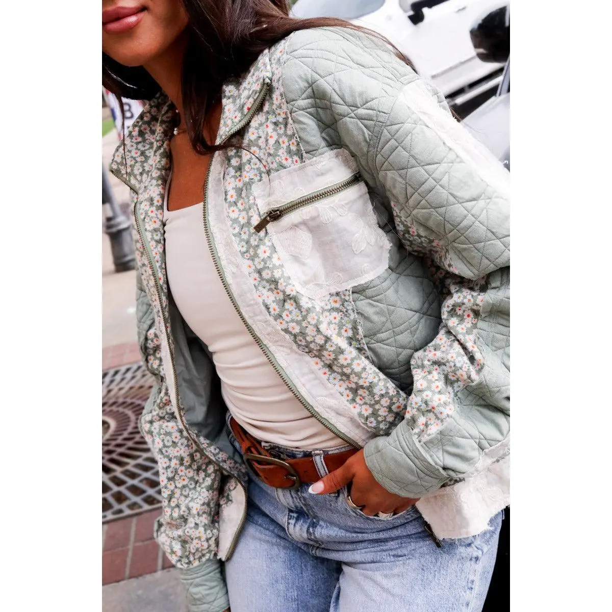 Ampersand Avenue Women's Patch Me Pretty Bomber Jacket, Floral Patchwork Outerwear, Plus Size Lace-Accented Zippered Tops, Women's Coats