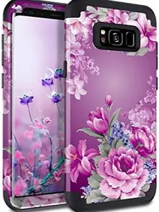 Phone Cases for Galaxy S8 Case 3 in 1 Shockproof Heavy Duty Rugged Hybrid Sturdy High Impact Protective Cover Girls Women Case for Samsung Galaxy S8, Purple Flower/Black