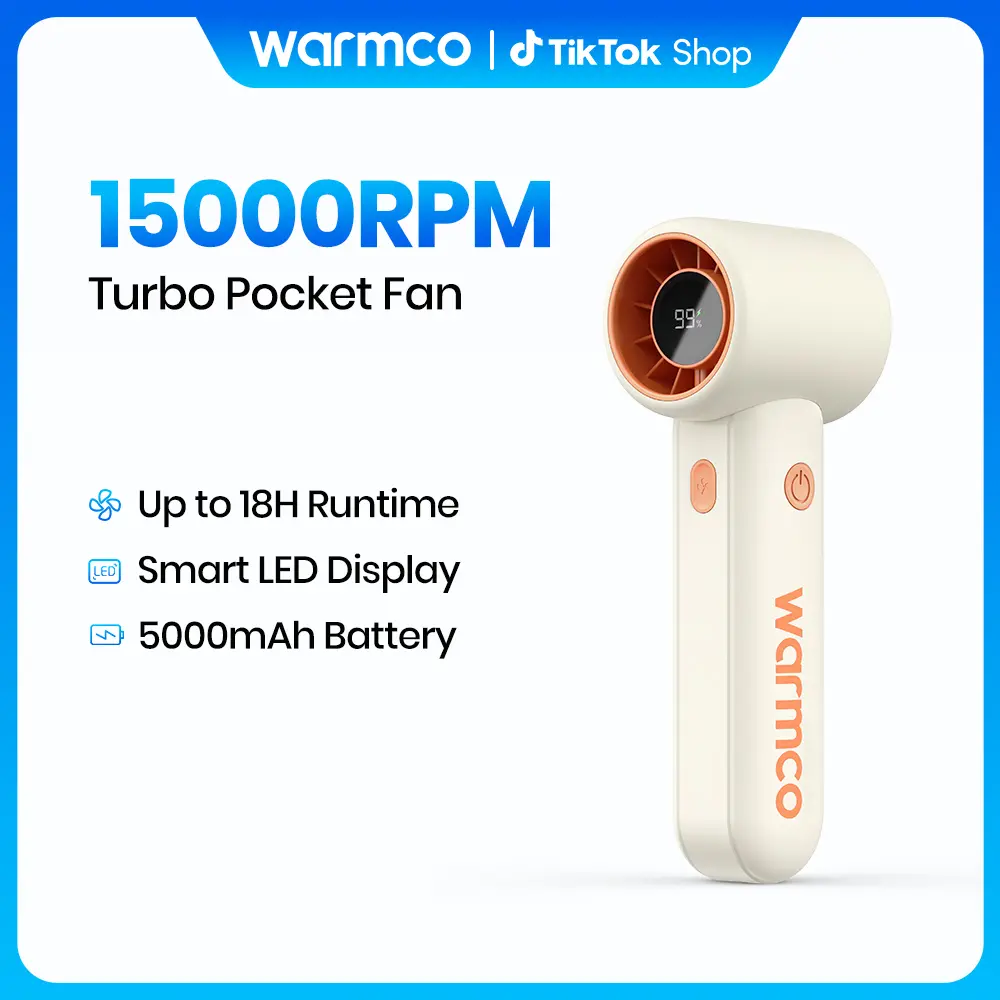 Warmco 15000RPM Turbo Fan, 5000mAh Portable Handheld Fan Rechargeable, High Speed Mini Personal Fan with 5 Speeds and LED Display. USB-C Battery Powered Desk Fan for Office, Travel, Outdoor Camping and Makeup