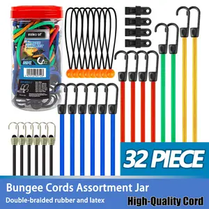 32 Piece Bungee Cords Assortment Jar Includes 10" 18" 24" 32" 40" Bungee Cord with Hooks, 8" Canopy Tarp Ball Ties and Tarp Clips,A great gift for Father's day