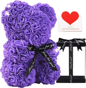 Rose Bear - Rose Flower Bear Hand Made Rose Teddy Bear - Gift for Valentines Day, Mothers Day, Wedding and Anniversary & Bridal Showers - w/Clear Clear Gift Box 10 Inch (Purple)