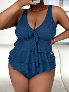 Plus Size Textured Tiered Layer Ruffle Hem Tankini Set, Casual Tie Front Tank Top & Panty Swimsuit Set, Swimming Bathing Suits 2025, Summer Tummy Control Swimwear, Tankini Bottoms Set