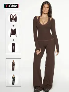 Women's Fashion Patchwork Colorblock Strap Top & Fitted Long Sleeve Shirt & Wide Leg Pants Set, Comfortable Casual for All Seasons, Clothes, Womenswear