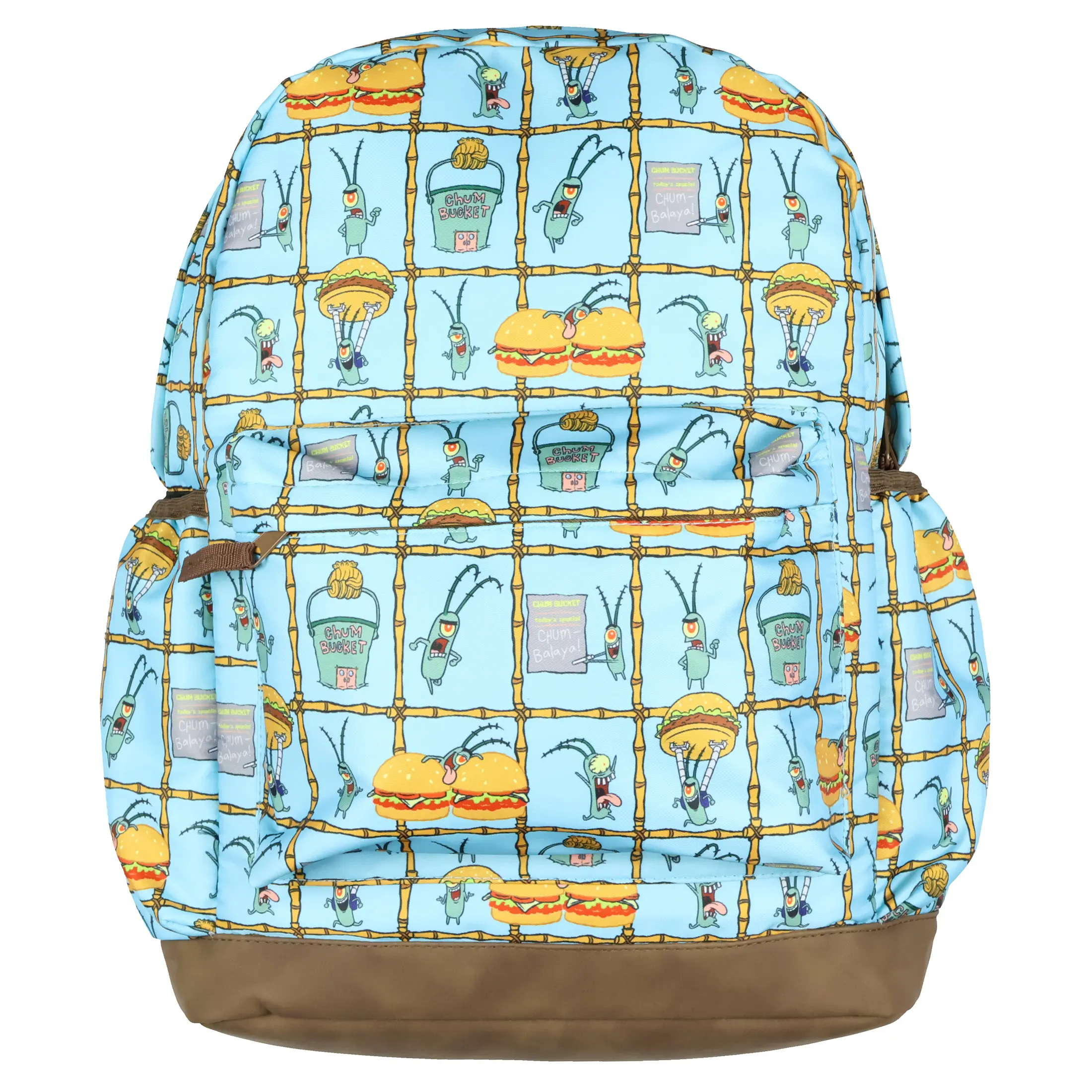 Nickelodeon SpongeBob SquarePants Backpack Plankton Chum Bucket Patties 16" Laptop School Bag Faux Leather Bottom Bookbag