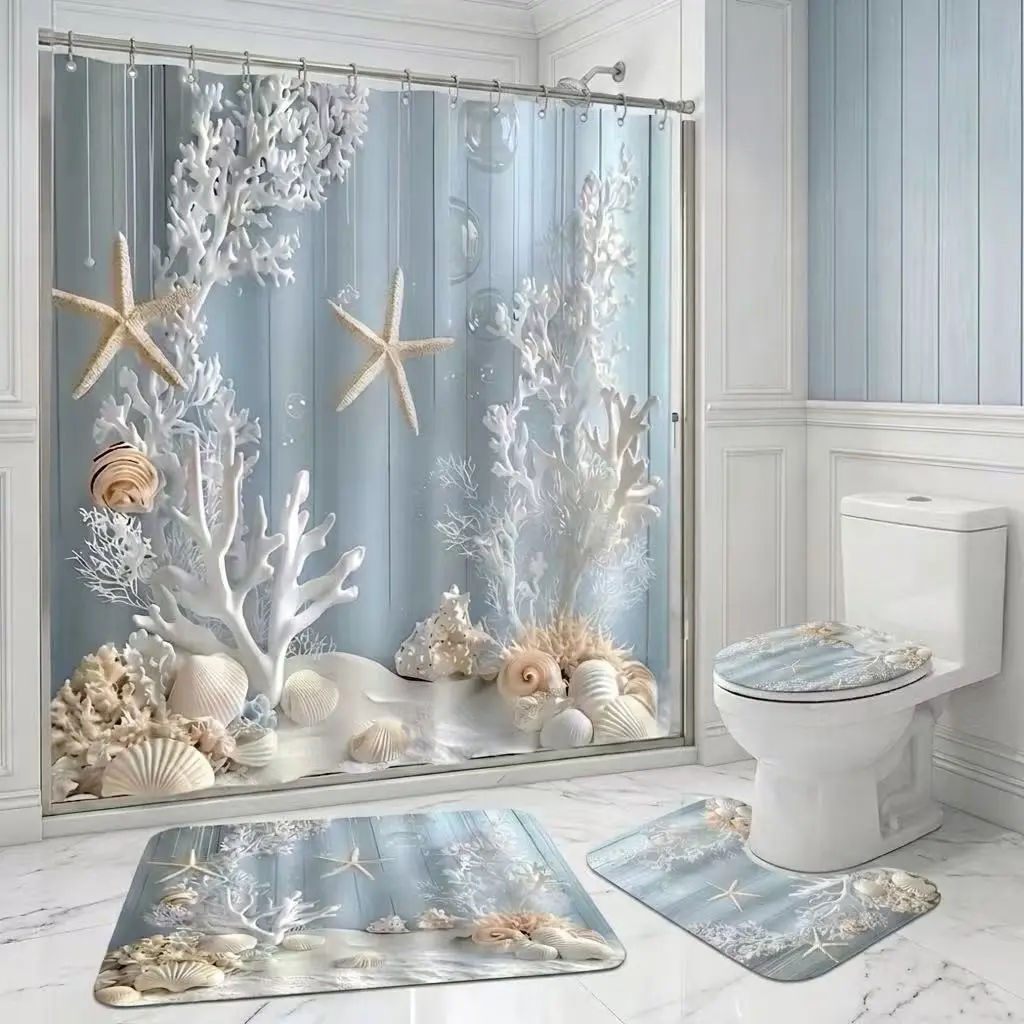 4Pcs Shower Curtain Set Coral Reef, Seashells, Starfish, Bathroom Sets with Rugs, Summer Holiday, Aesthetic Bathroom Decor And Accessories, Serene Coral Reef With Seashells And Starfish For Coastal Chic Bathroom Vibe