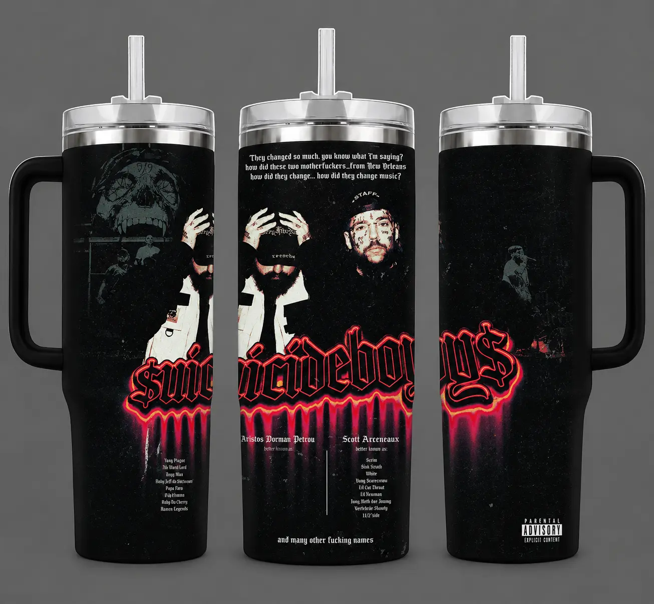 G59 Underground Aesthetic 40oz Tumbler With Handle, Dark Trap Rap Inspired Stainless Steel Cup, Grey Day Style Insulated Travel Mug, Emo Hip Hop Fan Gift