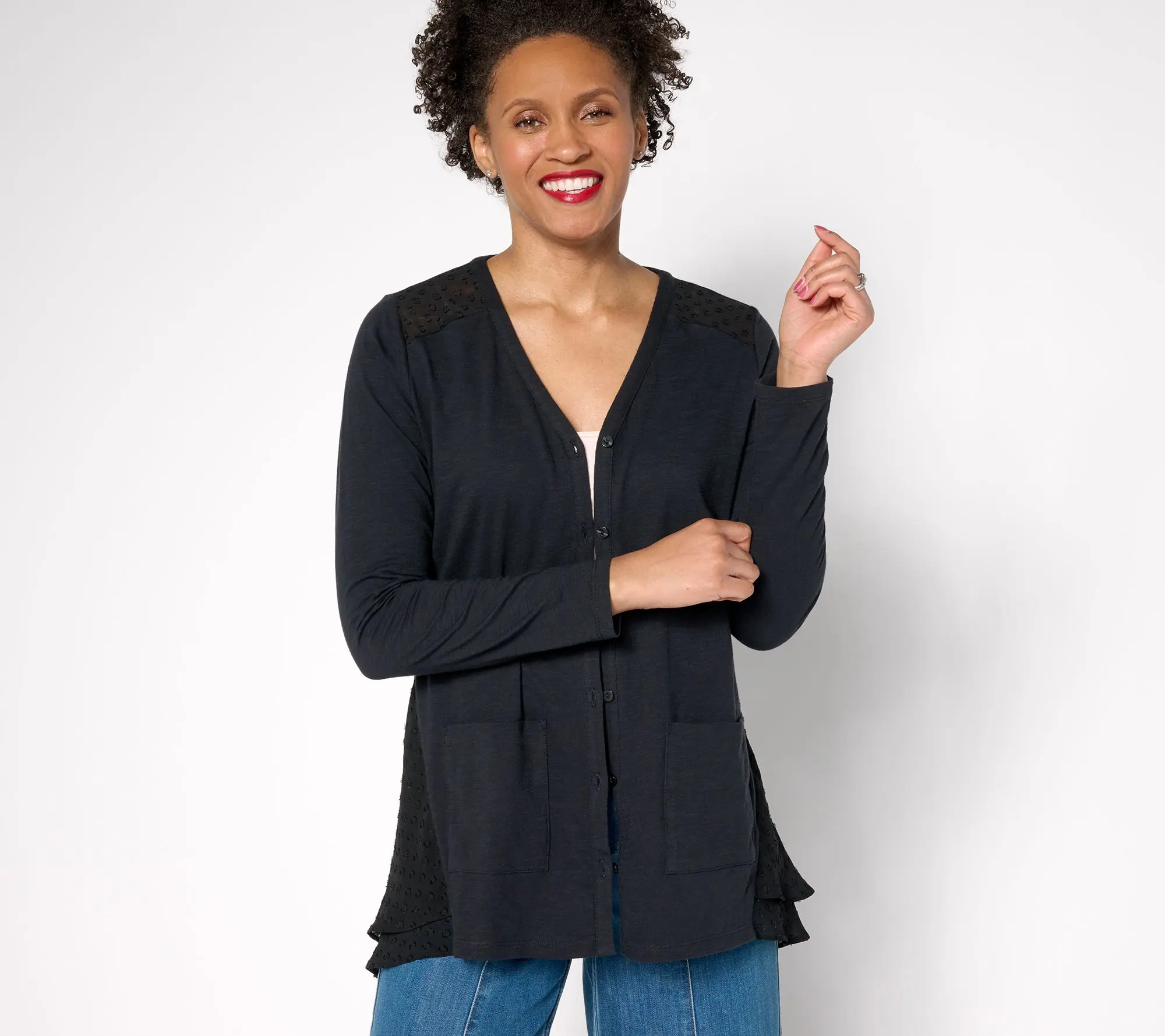 LOGO by Lori Goldstein Regular Knit Cardigan with Clip Dot Trim