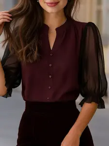 Elegant Chic burgundy V-neck blouse for women, sheer mesh puff sleeve button-down shirt with vintage ruffle cuffs, versatile for office, home, indoor and outdoor wear, Top