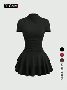 Women's Solid Color Basic Short Sleeve Bodycon Fit Dress, Elegant Short Casual Wear, Perfect for Daily Use, Stylish and Comfortable Fashion, Everyday, Minimalist, Casual Chic Dress