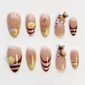 3D Siamese cat nails/press on nails long almond nails/Cute Kawaii Nails/Y2K French tips nails/Musical note nails/Button nails/Birthday nails
