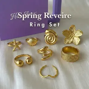 HerApex| Spring Styling Ring Set – Complete the Look| 6-Piece Gold-Tone Rings Maple Leaf Polish Strips Nail Art Kit Handmade Acrylic Square Press-On Nails long almond nail